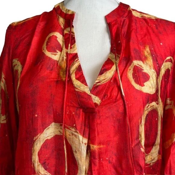NWT APNY Apparel Women's Blouse Red with Gold Circles Bell Sleeve Tie Front S - Picture 2 of 10